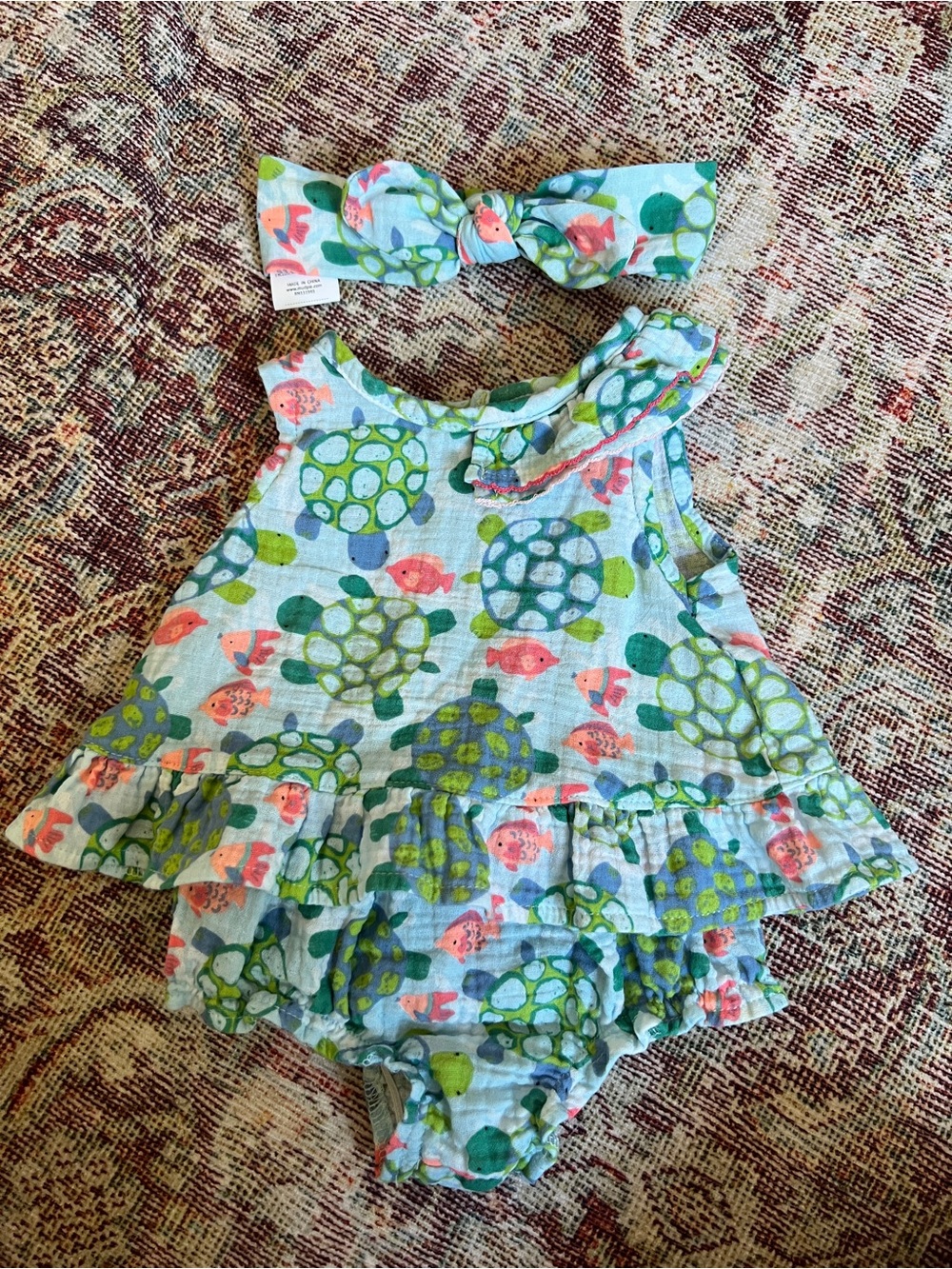Mud Pie Light Blue Turtle & Fish Ruffle Romper with Matching Headband
